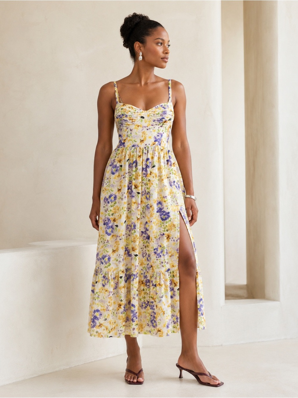 ASTR The Label Romantic Cream Floral Linen Corset Midi Dress Size S